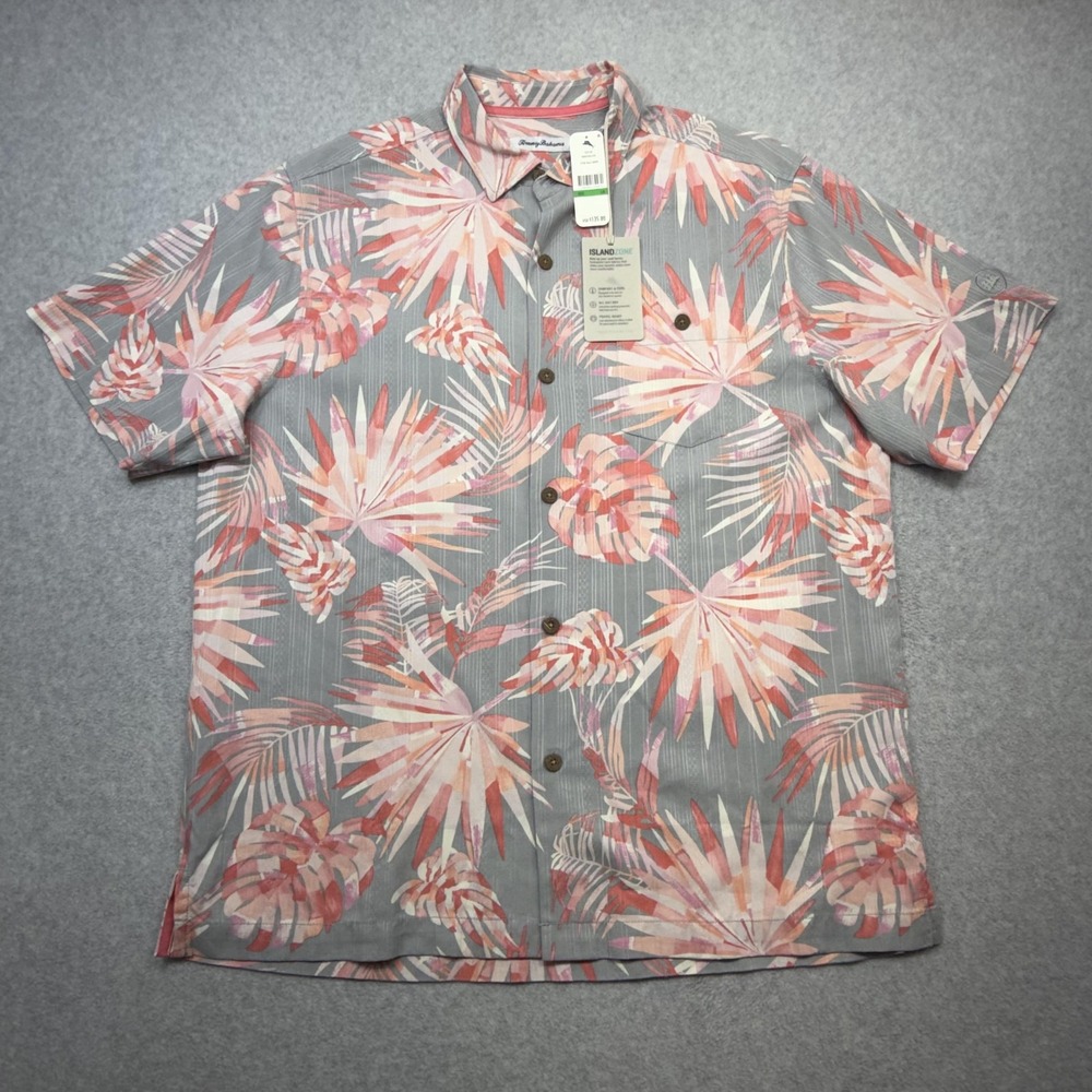 Tommy Bahama Shirt Mens Large Gray Pink Hawaiian Floral Silk Bala Shark Monstera